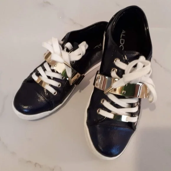 EUC Aldo Portus black and gold shiny patent-like finish sneaker 6 - Picture 4 of 6